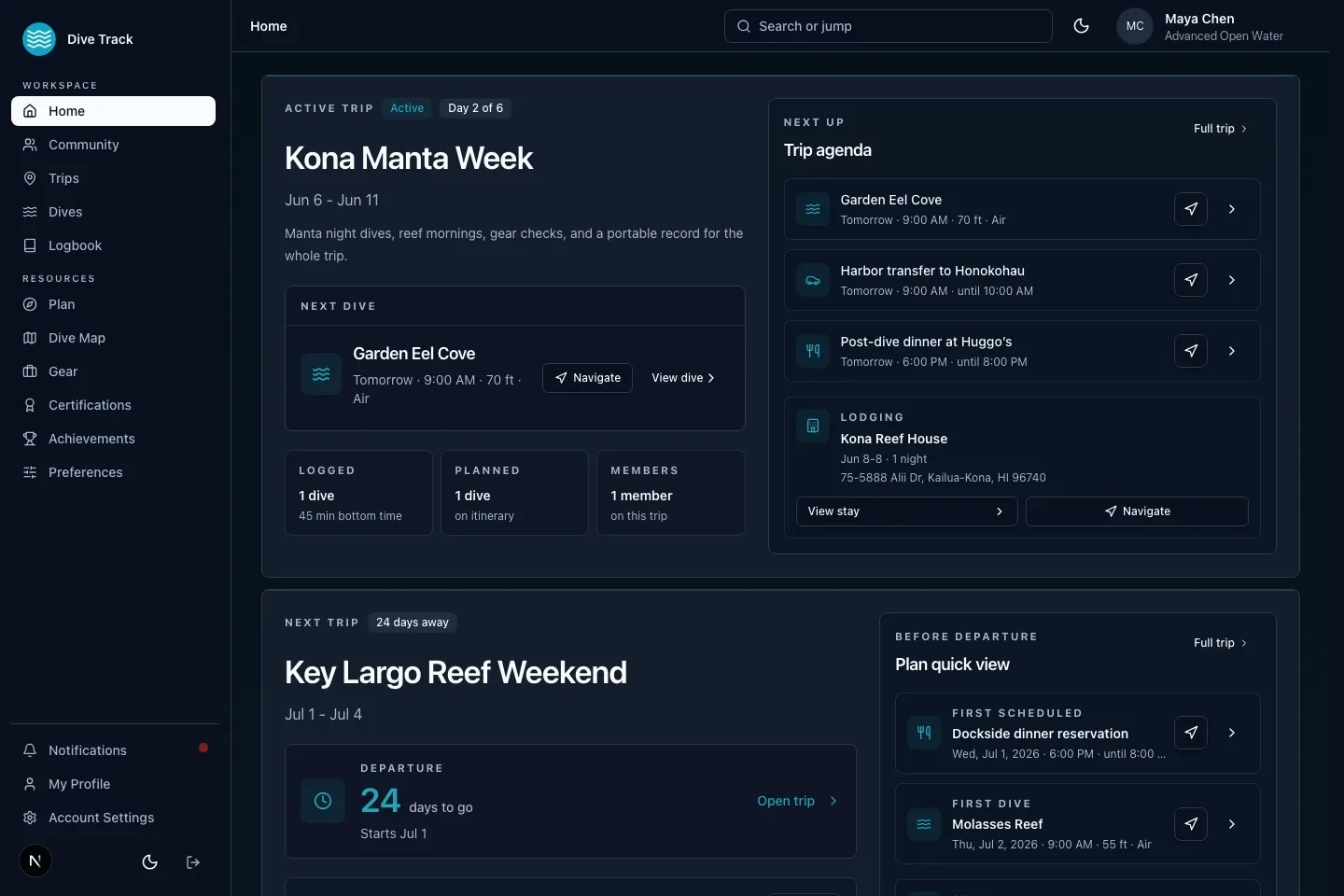 Dive Track web home dashboard showing an active dive trip, trip agenda, logged dive stats, gear, certifications, and diver profile navigation.