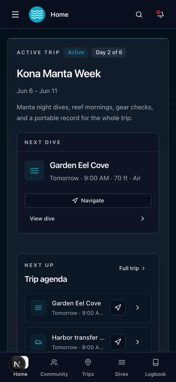 Dive Track mobile home screen showing an active trip, next dive, trip agenda, and diver records.