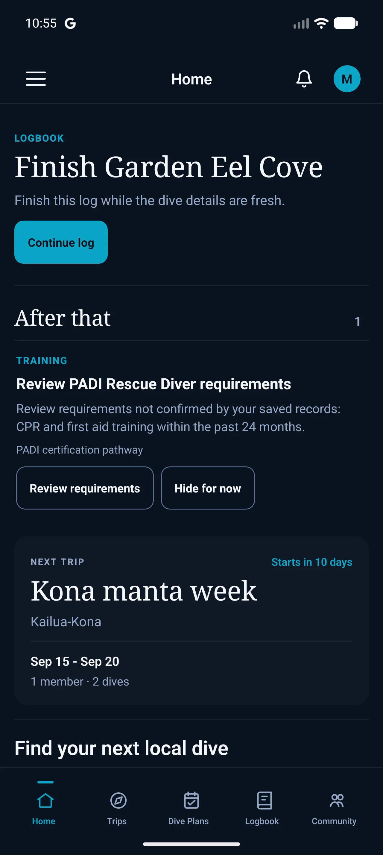 Dive Track Android Home showing a draft dive to finish, training requirements, and an upcoming Kona trip.