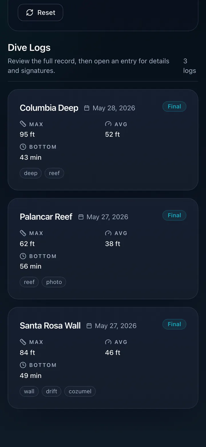 Dive Track mobile logbook screen showing dive stats and a history of logged dives.