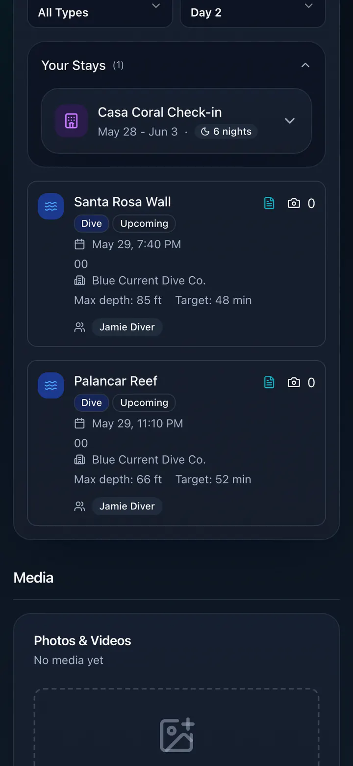 Dive Track mobile trip detail screen showing a dense schedule for a dive trip.